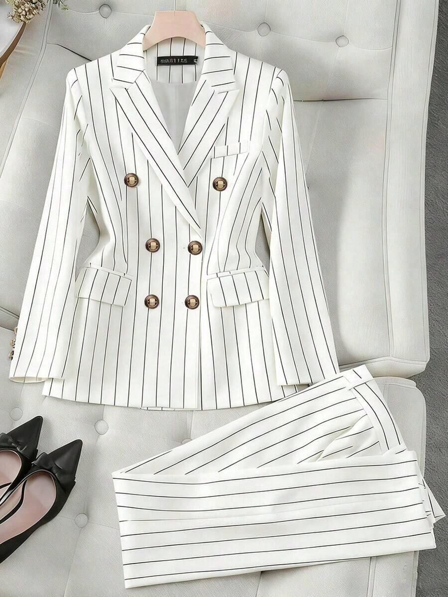 Conjunto de traje a rayas, blazer de negocios casual de doble botonadura y pantalones a medida, estilo versátil adecuado para varias ocasiones, conjunto de 2 piezas - Blanco - Ver 1