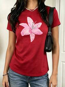 1 Piece Of Women's Plus Size Loose Fit T-Shirt, 100% Cotton, With Dropped Shoulders, Printed With Watercolor Pink Lily Designs, Perfect For Summer Beach, Vacation, Etc. - 紅色 - 查看 3