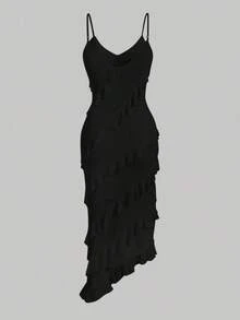 xheSHEIN MOD Vestido de verano con tirantes finos y detalle de rizo para mujer con bajo amétricoxhe - Negro - Ver 2