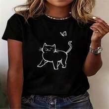 1 pieza de Playera corta 100% algodón, cuello redondo casual con estampado, dise?o gato y mariposa, manga corta transpirable para uso diario - Negro - Ver 2