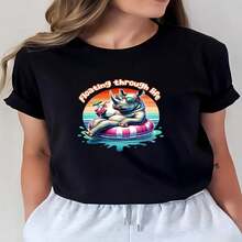 1 Piece Of 100% Cotton Cropped T-Shirt, Casual Round Neck With Print, Floating Rhinoceros, Breathable Short Sleeve For Everyday Wear - Black - View 2