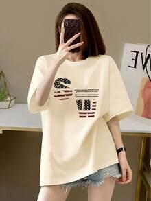 Women's Short-Sleeved T-Shirt With Round Neck And American Letter Print, Summer Design, Fashionable, Chic, Casual And Versatile - Apricot - View 1