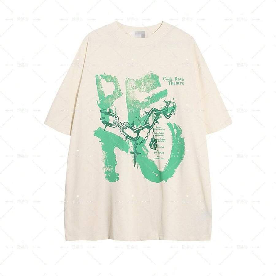Short-Sleeved, Thick Cotton T-Shirt For Summer, With Letter Print, Casual And Loose Style, For Men And Women, From The American Brand High Street Chain. - 黑色 - 查看 1