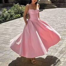 Women's Beige Corset Spaghetti Strap Midi Dress, Sweetheart Neck A-Line Flare Dress, Elegant Bridesmaid & Wedding Guest Dress - 24586-粉紅色 - 查看 1
