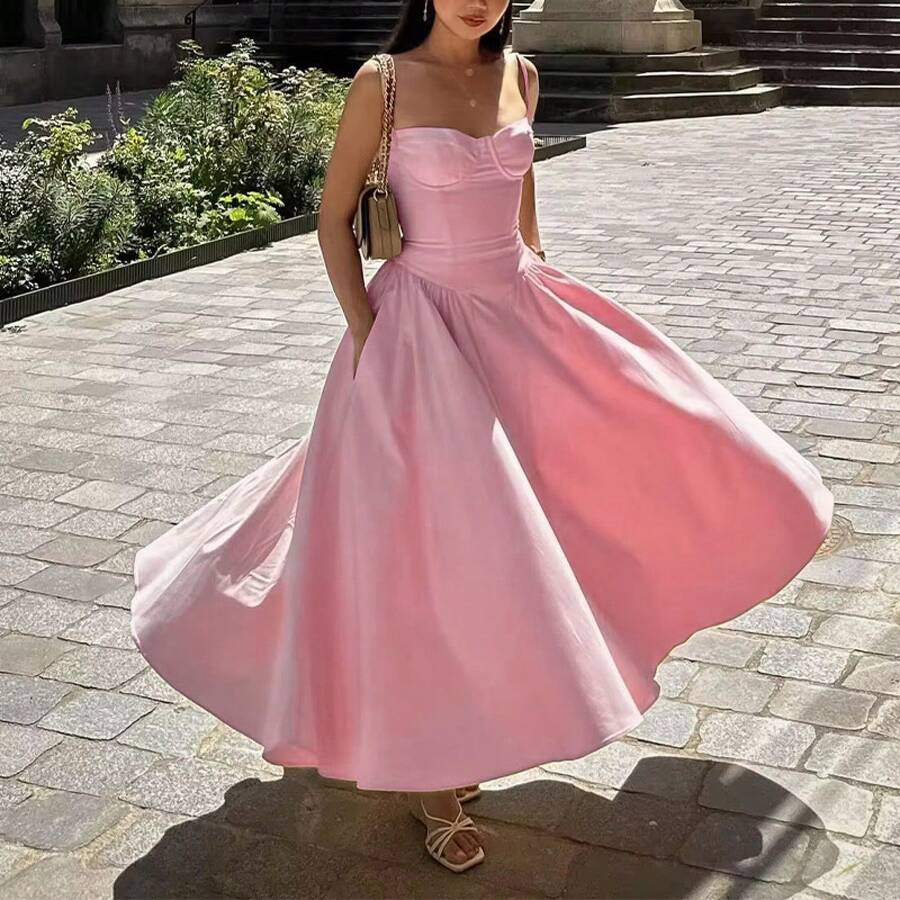 Women's Beige Corset Spaghetti Strap Midi Dress, Sweetheart Neck A-Line Flare Dress, Elegant Bridesmaid & Wedding Guest Dress - 24586-粉紅色 - 查看 1
