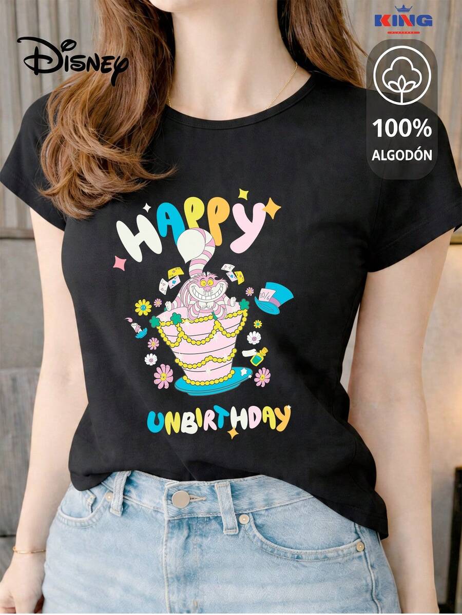 Women's T-Shirt Made Of 100% High-Quality Cotton, This T-Shirt Guarantees Exceptional Softness To The Touch, Round Neck With "Disney Cheshire Cat Happy Unbirthday" Print And Short Sleeves - 黑色 - 查看 1