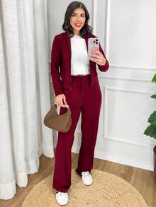 Women's Stylish Tracksuit Set: Sweatshirt With Trim, Hood, And Zipper, And Wide-Leg Pants With Side Pockets - Elegant Women's Jacket, Wide-Leg Pants, Long-Sleeved Blouse, Winter, Cold Weather, Basic, Comfortable, Premium, Comfy, Warm, Thick, Marala, Wine Color. - 酒紅色 - 查看 1