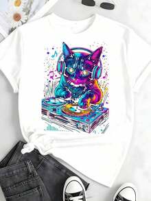 Men's Pure Cotton T-Shirt With Cat Graphic Design, DJ Techno EDM Rave Style, For Cat Lovers - White 2 - View 8
