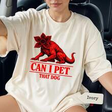 Women's Casual Cotton Round Neck Short Sleeve T-Shirt with Unique Demon Dog Graphic Print, Regular Fit - Blanco - Ver 1