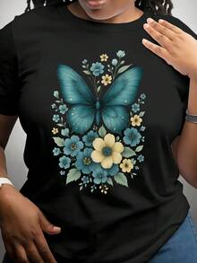 Women's Casual Short Sleeve T-Shirt, Retro Vintage Style, With Vibrant Butterfly And Flower Print - Brown Background, Breathable Medium Elasticity Fabric, Regular Fit Round Neck For Spring, Summer And Autumn, Women's T-Shirts, Seasonal Fashion, Nature Inspired Design, Non-See-Through Material, Comfortable Fit. - 黑色 - 查看 3