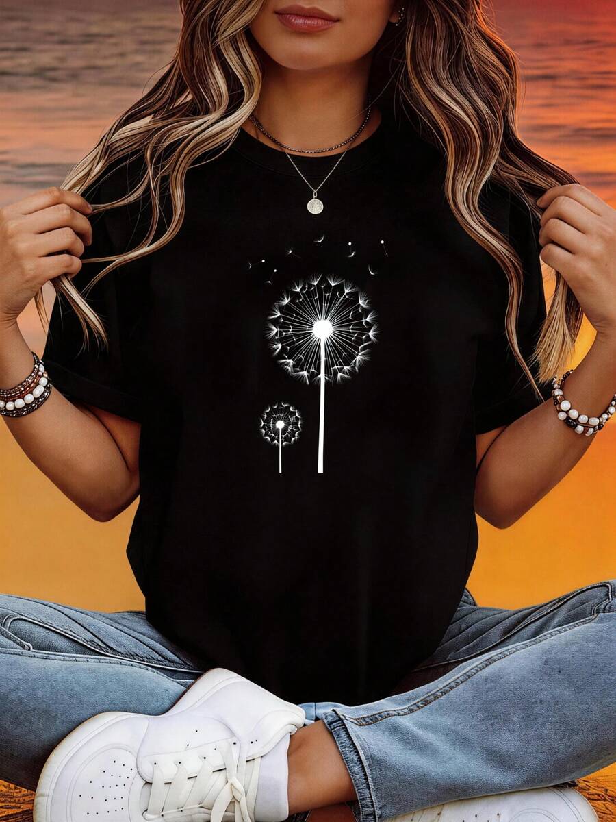 Vintage, Retro, Y2K - camiseta de algodón puro para mujer, top de verano, camiseta casual de manga corta, estampado de diente de león, diseño simple y natural, adecuada para uso diario casual, tela transpirable y ligera, lavable a máquina, top casual para mujer, top básico para mujer - Maternidad, Verano, Invierno. - Negro - Ver 1