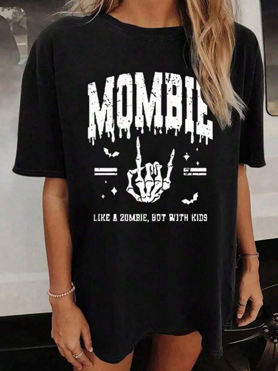 Mombie Women's Oversized Loose Fit T-Shirt With Skull Print - Casual Cotton Fabric, Round Neck Design, Comfortable For All Seasons, Ideal For Holidays, One Piece, Weight 200 Grams. - 黑色 - 查看 1