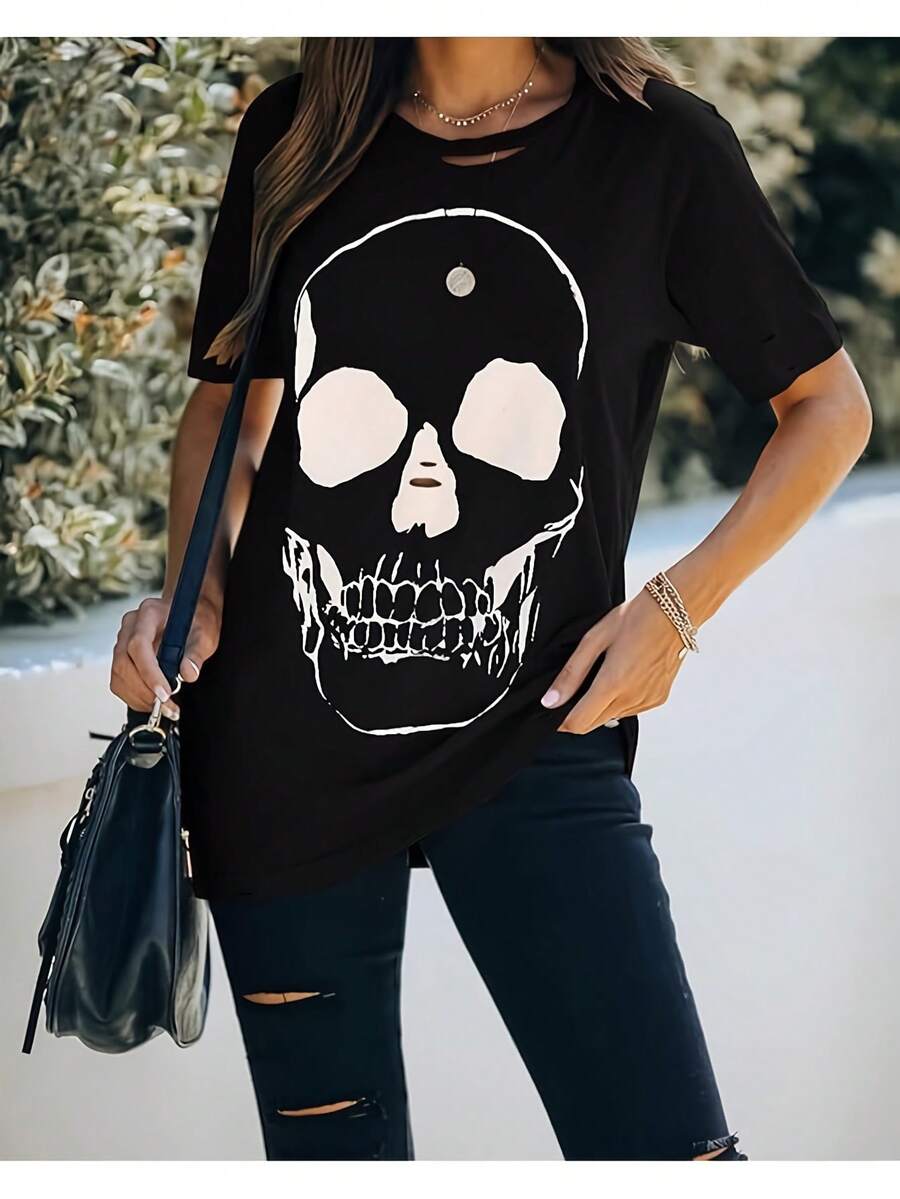 Camiseta de mujer estilo Y2K vintage con diseño de calaveras y setas - Camiseta de cuello redondo holgada en contraste blanco y negro, material suave y transpirable, top casual de manga corta, lavable a máquina, disponible en tallas S-XXL, camiseta casual de estilo gótico para mujer - cuello redondo. - Negro - Ver 1