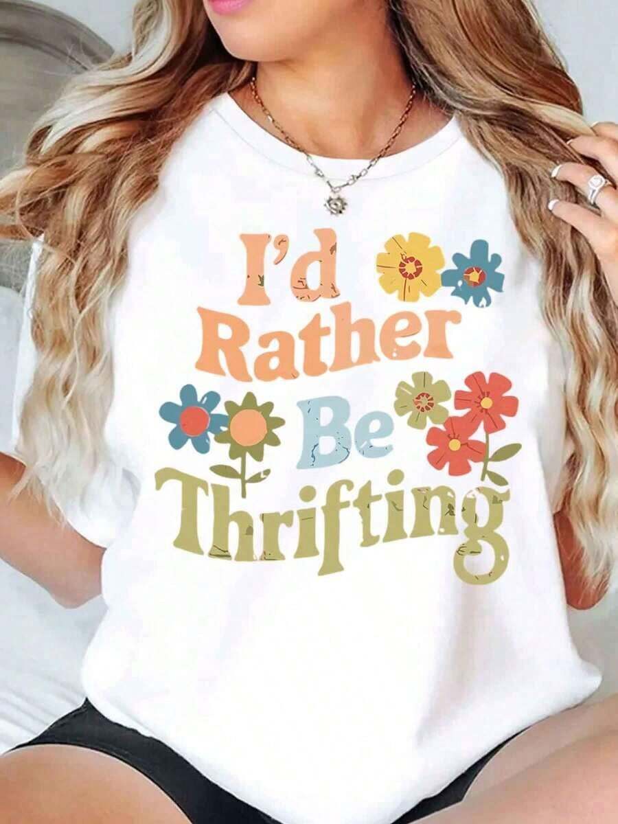 Women's Crew Neck T-Shirt, Floral Print 'I'd Rather Go Secondhand Shopping', Casual Loose Fit, 220g - 白色 - 查看 1
