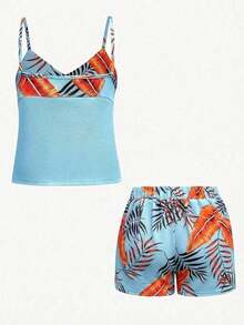 2 piezas Conjunto de top de tirantes y shorts estampados con plantas para mujeres - Celeste - Ver 2