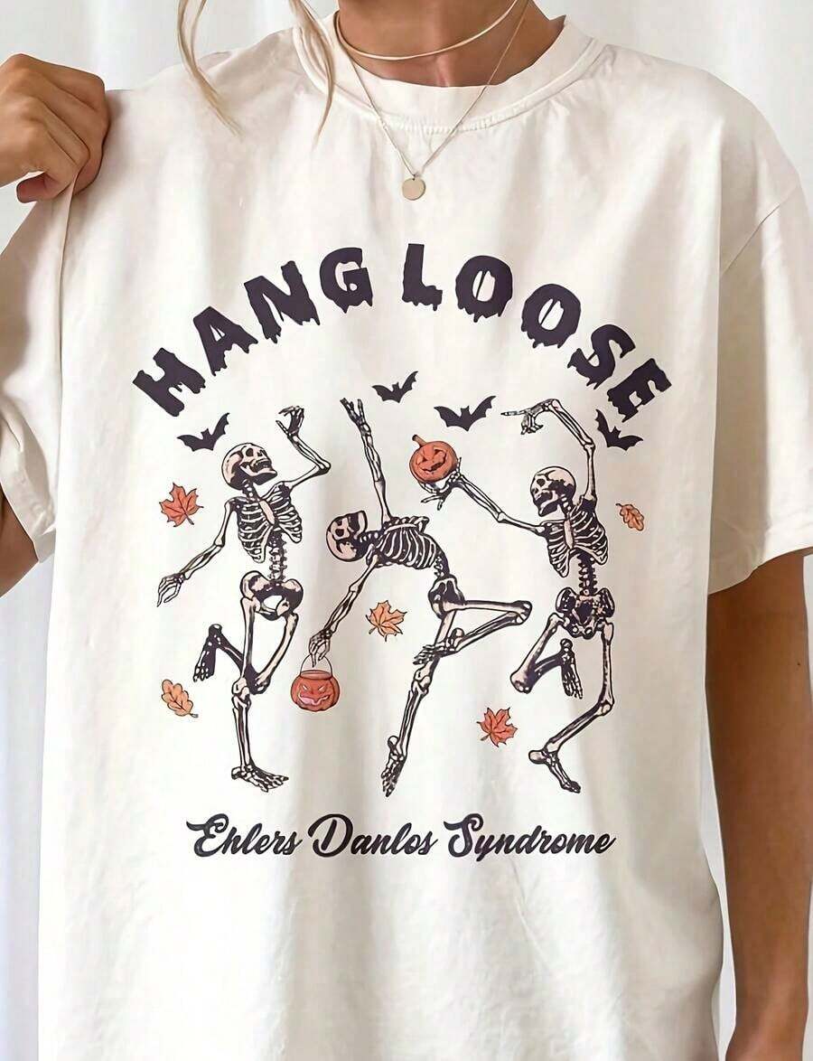 Women's EDS H Ang Loose Halloween Shirt, Skeleton T-Shirt For Ehlers-Danlos Syndrome, Gift For EDS Warrior, Gift For CH Ronic Patient, Thick Cotton T-Shirt For Rare Diseases - Made Of 100% Pure Cotton, Thick And Breathable. With A Butterfly Print, Suitable For Girls And Women, Inspirational Short-Sleeved Crew Neck T-Shirt, Y2K Style Summer Top With Cute Aesthetic, Suitable For Outdoor Activities, Family Gatherings, Work, Or Casual And Loose Daily Wear. - 白色 - 查看 1