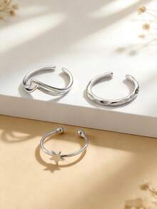 Set de 3 anillos abiertos y ajustables minimalistas para mujer con decoración de estrella y textura de ola, adecuados para uso diario, citas y fiestas - 3 piezas - Ver 3