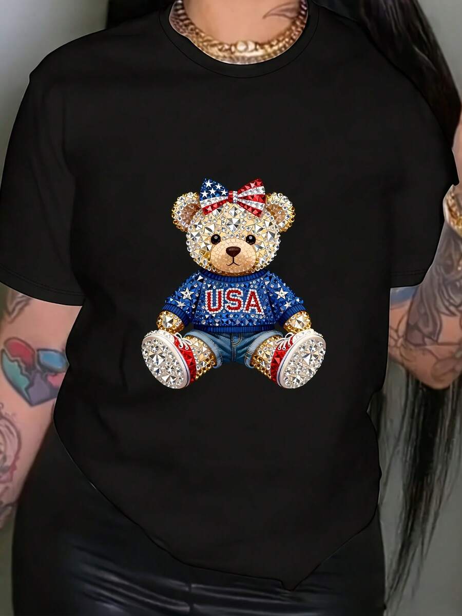 Women's T-Shirt, 100% Cotton, American Teddy Bear And 4th Of July Graphic Print, Short Sleeve, Round Neck, Casual Top For Summer And Spring, Women's Clothing - 黑色 - 查看 1