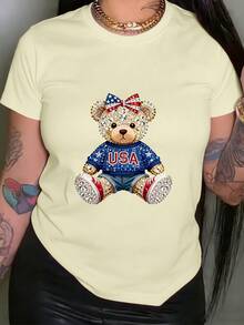 Women's T-Shirt, 100% Cotton, American Teddy Bear And 4th Of July Graphic Print, Short Sleeve, Round Neck, Casual Top For Summer And Spring, Women's Clothing - 白色 - 查看 8