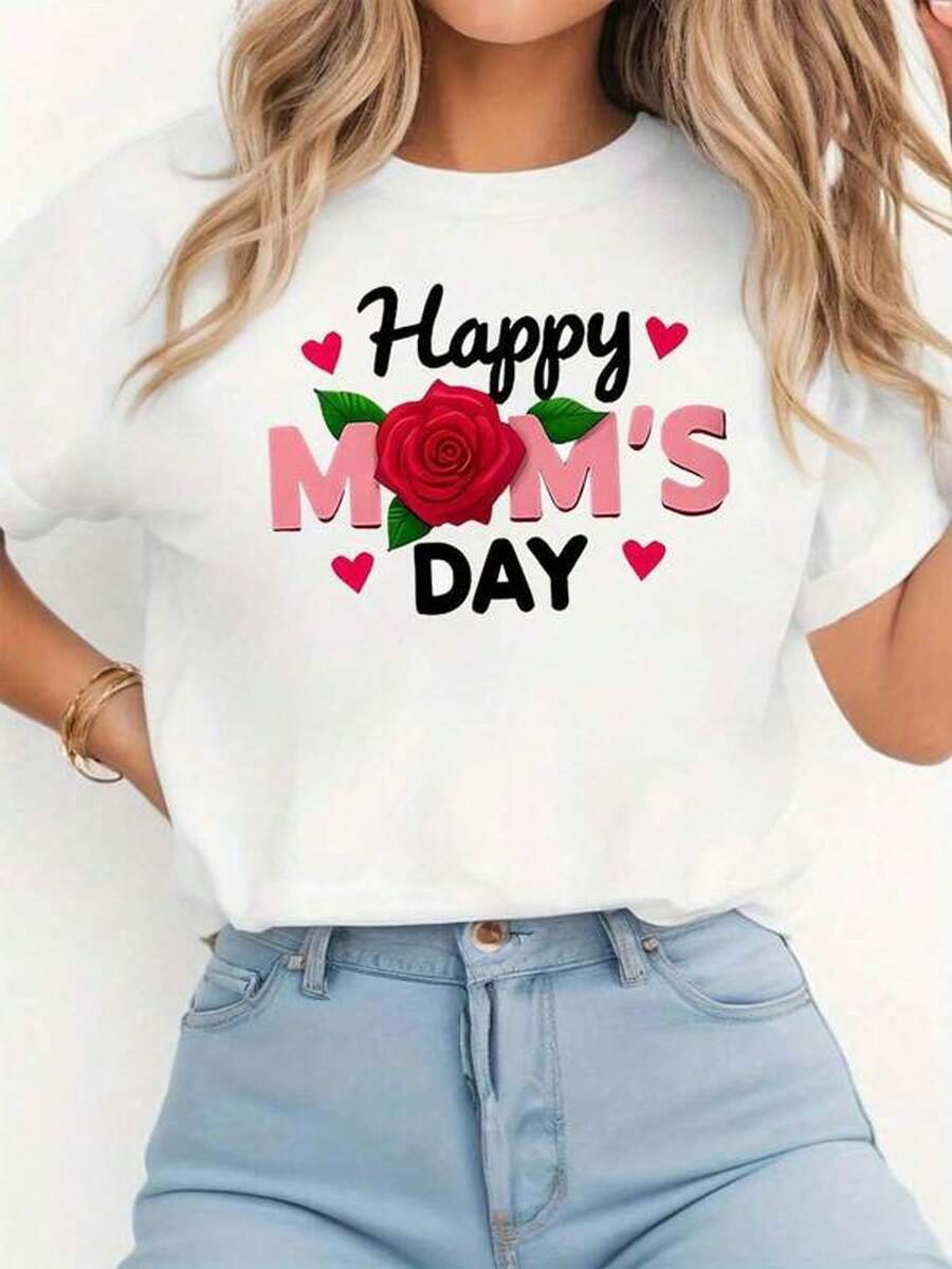 Women's Short Sleeve T-Shirt With Round Neck And Print Happy Mother's Day Pink Hearts S-3XL Fashionable, Comfortable And Breathable, Machine Washable - 白色 - 查看 1