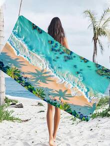 250gsm Super Absorbent Quick Dry Microfiber Beach Towel With Sunny Coconut Tree Pattern, Suitable For Beach, Pool, Yoga Mat, Sunscreen Shawl, Summer Travel, Camping, Swimming, Picnic - Cadet Blue - View 3