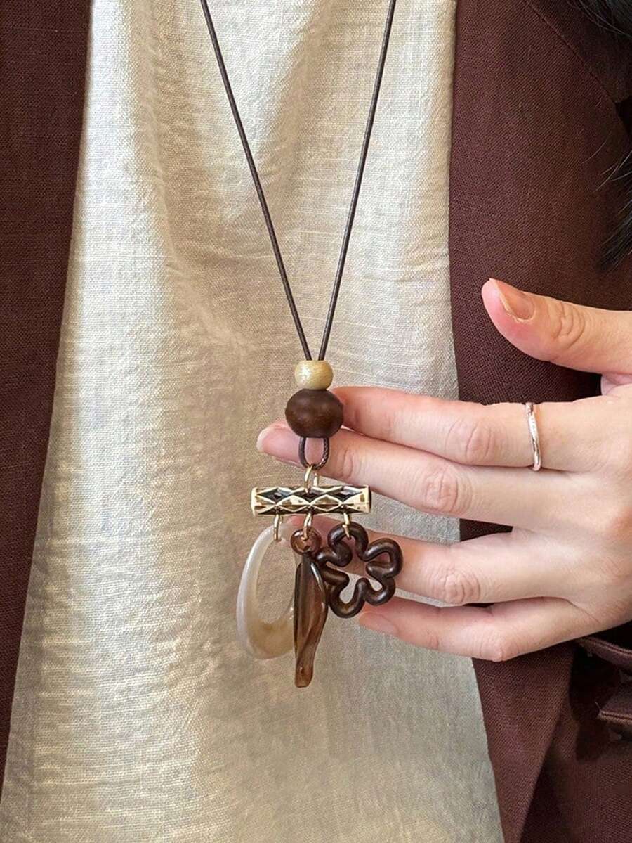 1 pièce Collier pendentif en résine de couleur café avec motif floral minimaliste et gland, convient comme cadeau pour les amis, accessoire de tenue de tous les jours - Multicolore - Voir 1
