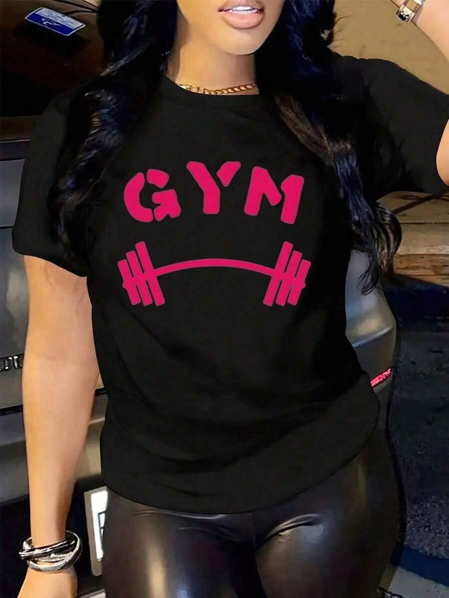 Simple And Versatile Design, Women's T-Shirt, High-Quality Breathable Fabric | Loose-Fitting Short-Sleeve T-Shirt For Women In Black And White With A Fitness Text Print And Barbell Design. | Machine Washable | Casual Crew Neck Athletic T-Shirt | Comfortable And Stylish | Pure Cotton T-Shirt - 黑色 - 查看 1