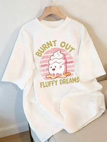 Premium Women's Short-Sleeved T-Shirt With A Fun Cartoon Character Print, Crew Neck, And Casual Style, Suitable For Everyday Wear. This T-Shirt Features A Playful Fluffy Ice Cream Design Combined With The Quirky "BURNT OUT OF DREAMS" Print. . - 白色 - 查看 8