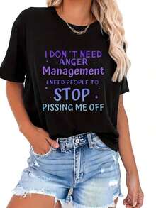 Camiseta Casual para Mujer - Camiseta con Estampado "No Necesito Control de la Ira, Necesito que la gente Deje de Enojar Me", Mezcla Suave, Cuello Redondo Elástico, Lavable a Máquina - Perfecta para Primavera y Verano, Corte Holgado, Diseño de Manga Corta, CasualFashion - Negro - Ver 6
