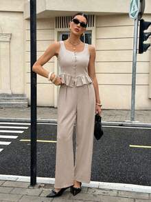 Conjunto de 2 piezas para mujer: top con chaleco con volantes y botones de unicolor y pantalones largos - Negro - Ver 8