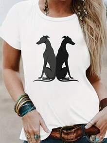 Pure Cotton T-Shirt, A Casual Short-Sleeved Crew Neck T-Shirt With A Modern Design Of Greyhounds Sitting Facing Each Other, Perfect For Spring And Summer, Designed Specifically For Women. Plain White T-Shirt. - 白色 - 查看 6
