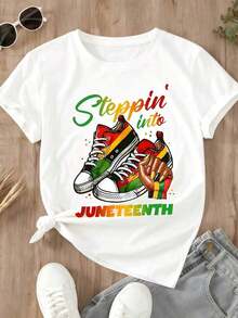 Camiseta de Mujer Juneteenth con Diseño de Zapatillas y Mano Celebrando la Libertad y la Herencia, Perfecta para Eventos, Fiestas y Celebraciones Culturales de Juneteenth - Blanco - Ver 3