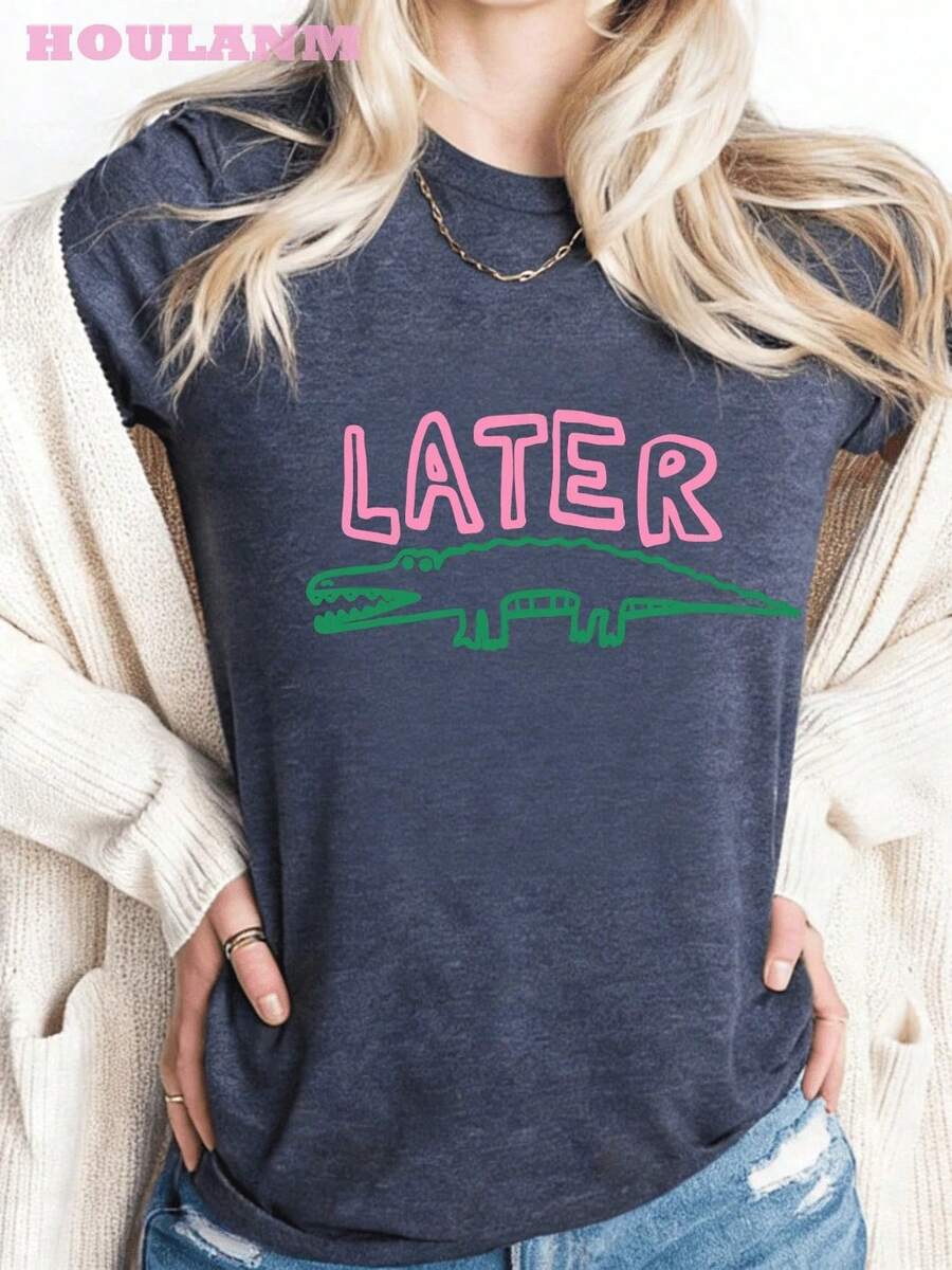 Women's Crocodile Print T-Shirt "Later Gator" | Spring Tops, Plus Size Short Sleeve T-Shirt, Women's Clothing, Summer Clothes For Women - 藏蓝色 - 查看 1