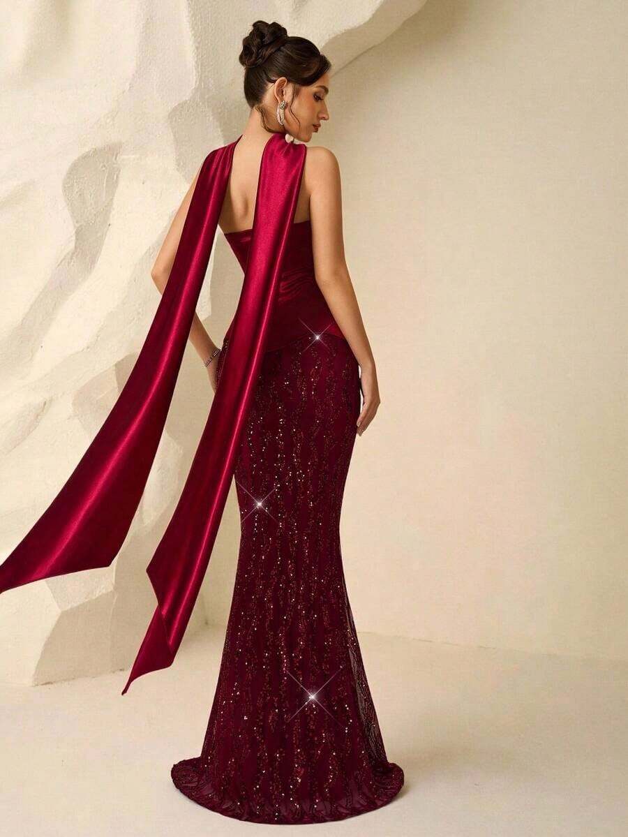 Vestido de Noche Formal Elegante con Lentejuelas y Diseño de Parches sin Tirantes para Mujer de Coutiva - Burdeos - Ver 1
