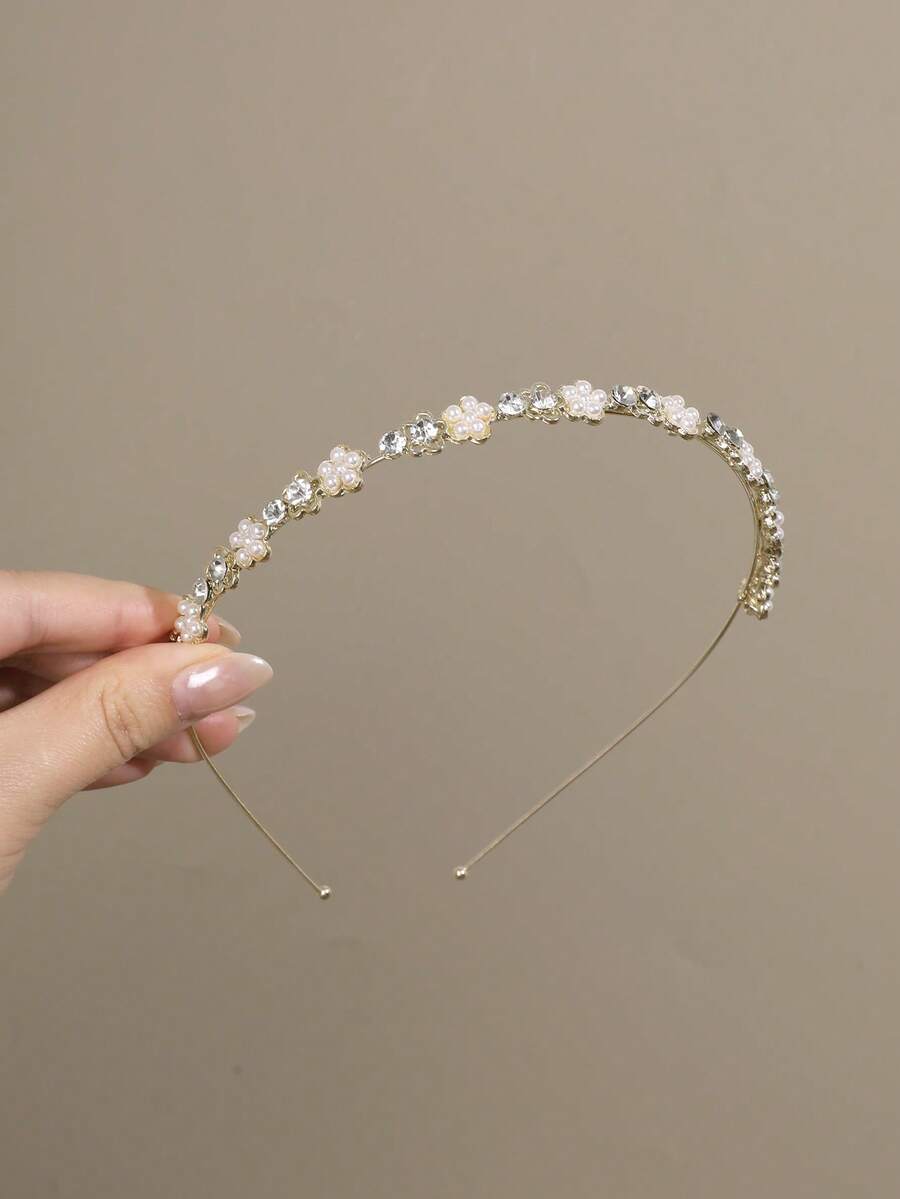1pc Elegant Pearl Flower Rhinestone Alloy Headband, Minimalist Versatile Daily Accessory For Women Hairband - Gold - View 1