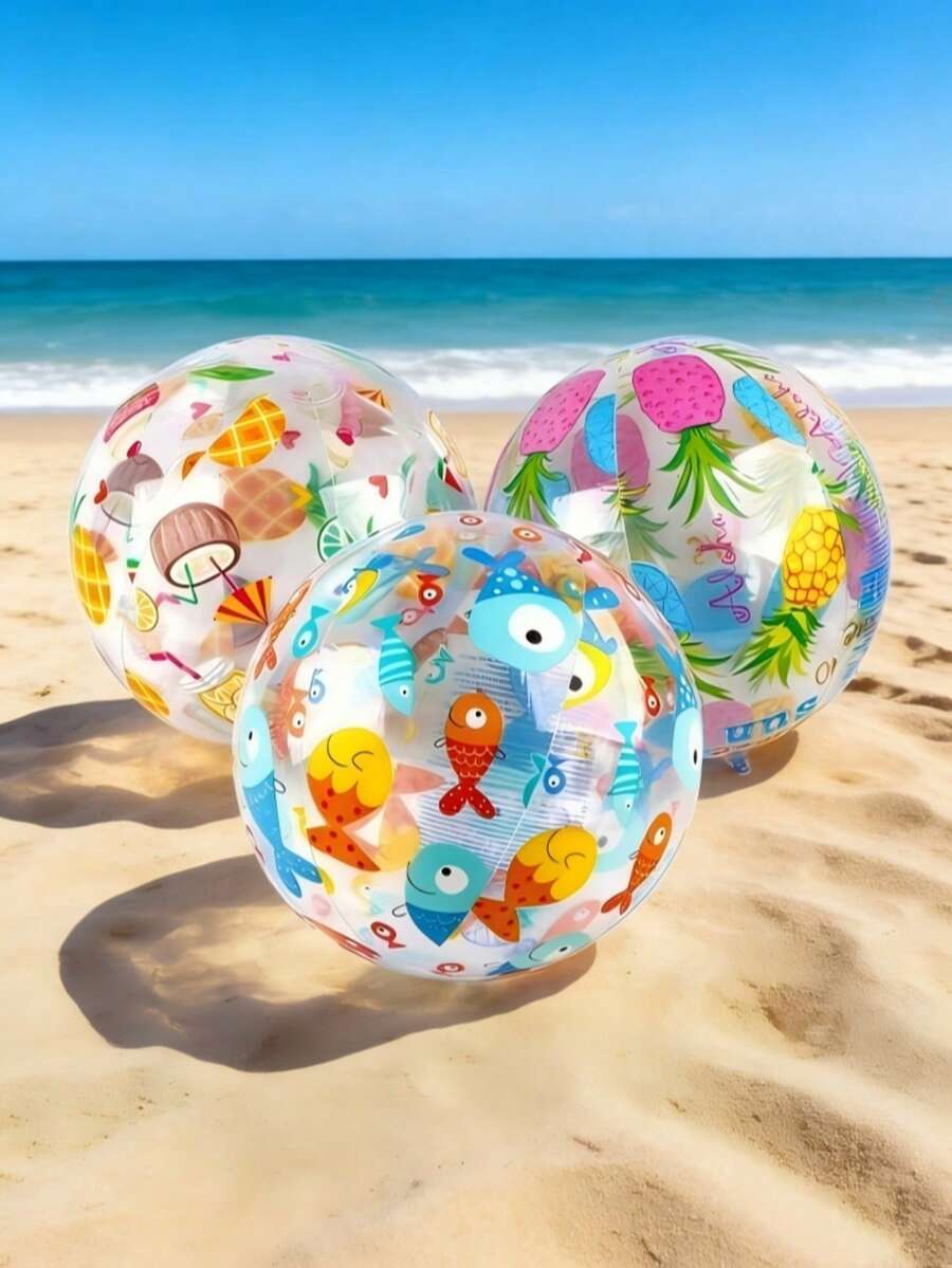 1pc Inflatable Beach Ball - Durable PVC Material, Tropical Fish, Pineapple And Starfish Pattern Mixed Colors, Suitable For Swimming Pool Party, Outdoor Summer Fun Inflatable Swimming Ball | Summer Vibe | Beach Accessory - Random Style - Multicolor - View 1