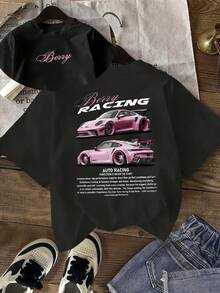 Camiseta de  Manga Corta con Estampado de Coche Anime, Camiseta Casual de Cuello Redondo, Corte Regular, Tejido Cómodo para Todas las Estaciones, para Uso Diario, Camiseta de Mujer de Oferta Promocional, Camiseta Elegante para Mujer, Camiseta Hermosa para Mujer - [Blanco] - Ver 6