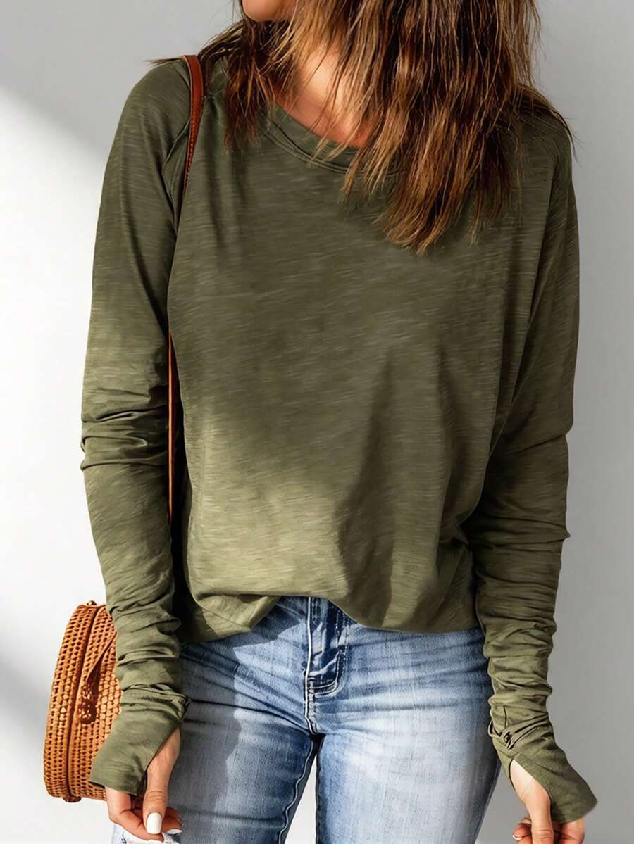 CILKOO Casual Solid Color Raglan Sleeve T-Shirt - Army Green - View 1