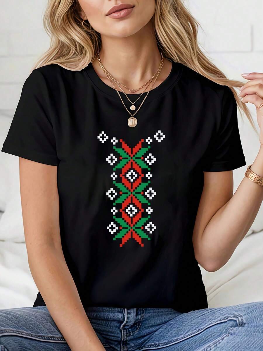 Camiseta Deportiva Casual para Mujer con Patrón Geométrico - Camiseta Negra Elástica de Cuello Redondo, Decorada con Cadenas Doradas Superpuestas, Lavable aáquina y de Ajuste Cómodo para Todas las Estaciones. - Negro - Ver 1