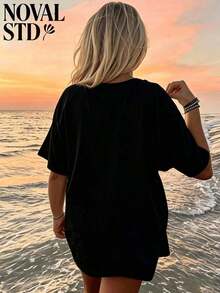1 Piece Of Women's Short-Sleeved T-Shirt With "Don't Be Crabby" Print, Casual Street And Vacation Style, Loose Fit, Multifunctional, White, Round Neck, Fashionable T-Shirt For Everyday Wear, Suitable For Daily Use. 180g 100% Cotton. - 黑色 2 - 查看 4