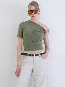 ASİMETRİK YAKA DRAPELİ OMUZ AKSESUARLI SANDY BLUZ - Mint Green - View 6