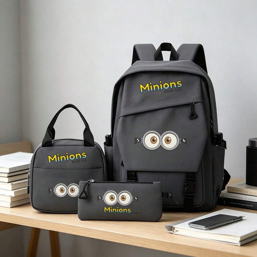 Miniso Bộ 3 món Minions màu xám gồm balo, túi đựng laptop, túi giữ nhiệt và hộp bút, thích hợp cho văn phòng, học tập và du lịch. - Xám - Xem 1