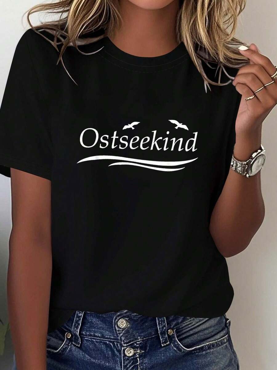 Camiseta Deportiva Casual para  con Texto Ostseekind y Gráficos de Aves - Camiseta Elástica de Cuello Redondo, Lavable aáquina, Ajuste Cómodo y Apta para Todas las Estaciones, para Uso Diario y Actividades Informales. - Negro - Ver 1