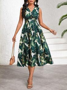 Lady Vestido de verano elegante de largo medio con cuello en V cruzado, sin mangas, estampado con planta tropical para mujeres - Verde - Ver 3