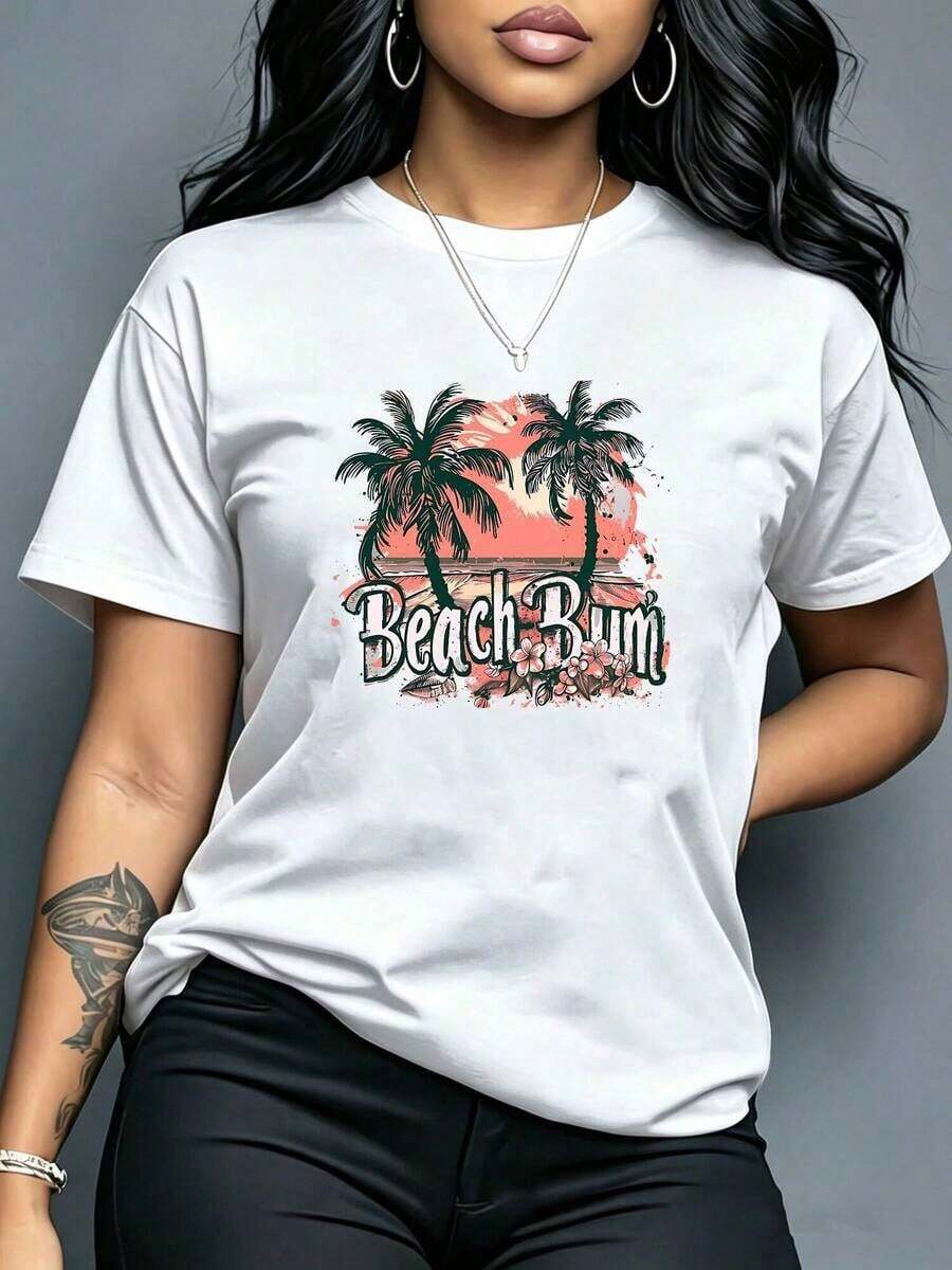 Oversized Short Sleeve T-Shirt With Retro Graphic Print Of Palm Trees And Sunset On The Beach, Casual Summer Style, Basic Garment For Everyday Wear, 100% Cotton - 白色 - 查看 1