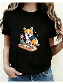 Women's Creative T-Shirt With Dog And Sushi Graphic Print, Short Sleeve, Round Neck, Casual Summer Outdoor Wear01Women's Round Neck Printed T-Shirt For All Seasons - 黑色 - 查看 7
