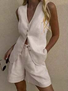 Conjunto de top sin mangas y pantalones cortos casuales para mujer, traje de chaleco y pantalones cortos de moda para viajes, blanco para primavera/verano - Albaricoque - Ver 4