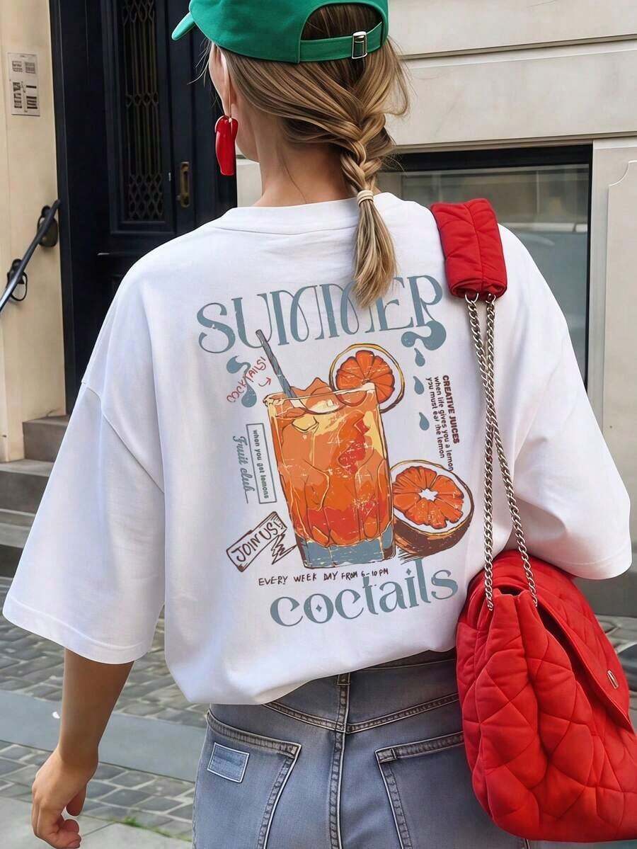 Camiseta de mujer estampada de manga corta para verano, tela de poliéster, estilo multifuncional, corte regular, peso 180 gramos, 1 unidad. - Blanco - Ver 1