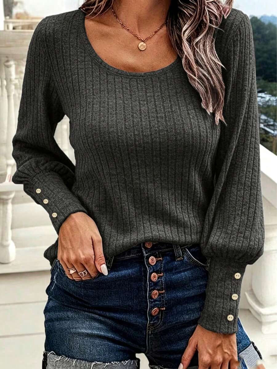 Women's Mineral Ribbed Long Sleeve Top With Bishop Sleeves - Round Neck ...
