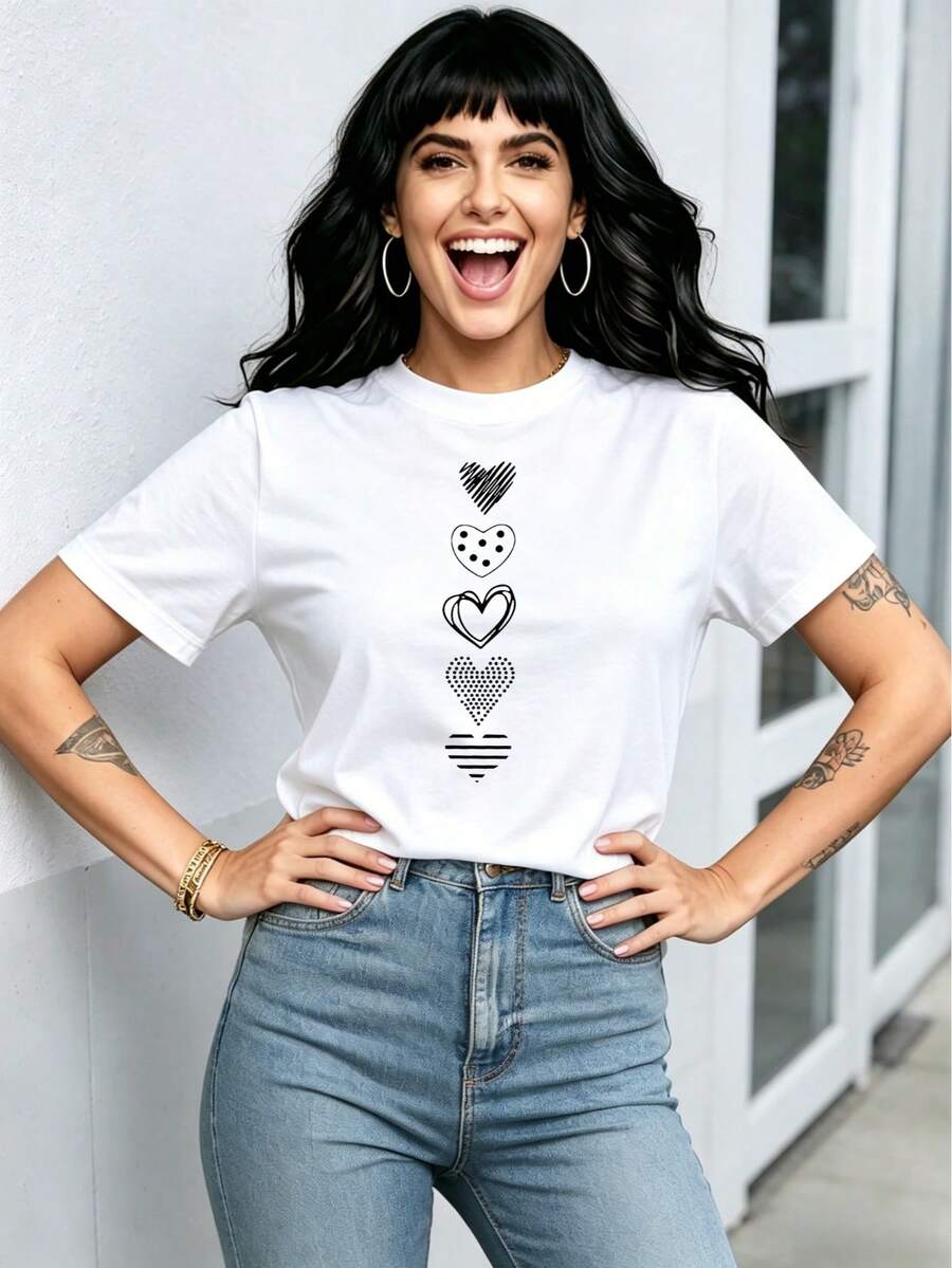 Camiseta informal de manga corta con cuello redondo y estampado de corazones para mujer, ideal para el día a día y las vacaciones. - Blanco - Ver 1